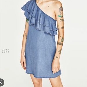Zara Lyocell Denim One Shoulder Raffles Mini Dress Size Medium